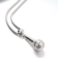 Hip hop style microphone pendant necklace in silver stainless steel with white crystals - Silver Pendant Only