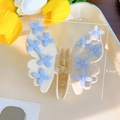 Pinza de pelo mariposa 9,2 cm con flores azules y brillantes pedrería de lujo - Estilo De Lazo Grande