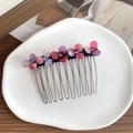 Elegant floral acetate hair comb with purple and rose red flowers and 10 metal teeth - Pink