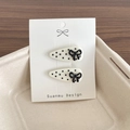 Polka dot hair clips set with black bows on cream base for girls and women - White Polka Dot Bowknot