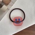 Pink acrylic square hair tie with blue smiley face on high-elastic brown rubber band - Pink Smile Face