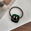 Green square smiley face hair tie with high-elastic black cord for daily hairstyling - Smiley Face Green