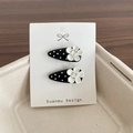 Set of two black polka dot hair clips with white floral and crystal accents - Black Polka Dot White Rhinestone Flower