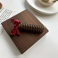 Spiral telephone wire hair tie with red handmade acetate bow and dark brown finish - Wine Red Satin Bow Scrunchie