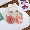Pair of children's colorful elastic hair ties with floral pattern on a display card - Checkered and Floral Tulip Style / 4-Tulip