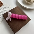 Pink telephone cord banana hair clip with cute jelly ribbon bow for girls - Pink and White Bow Hair Tie