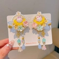 Pince à cheveux Hanfu avec lune jaune, lapin blanc, fleurs roses et glands perlés - Style Lapin Lune Jaune(1)