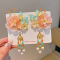 Pinces à cheveux Hanfu fleurs dégradées orange avec longs glands et perles - Style Dégradé Rose Orange(5)