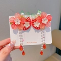 Pink Hanfu flower hair clips with long pearl tassels and red water drop pendants - Pink Waterdrop Style(6)