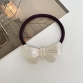 Elegant purple hair tie with a creamy white handmade acetate bow for high ponytail styling - Iridescent White