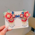 Hanfu hair clips for girls with red floral motifs, blue butterflies and tassels - Blue Butterfly Red Flower Style(10)