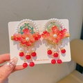 Traditional Chinese Hanfu red floral hair clips with golden tassels and pearls set - Red Petal Gold Frame Style(12)
