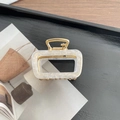 Elegant square marble acetate hair claw with gold metal frame and high elastic spring - White Square