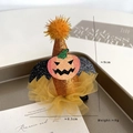 Kids Halloween mini glitter pumpkin hat hair clip with orange bat wings and yellow mesh - Demon Pumpkin (Witch Hat)