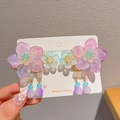 Mollette per capelli a fiore per bambine con petali in resina blu-viola e nappe di perle - X713-3