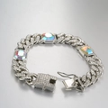 Pulsera de eslabones cubanos plateada con pedrería y circonitas rectangulares de colores - Plateado