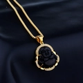 Golden titanium steel Buddha pendant necklace with black center and diamond accents - Black