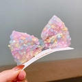 Pink bow hair clip for girls with colorful macaron sequins on mesh fabric - Light Pink
