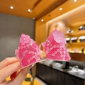 Sparkly pink sequin bow hair clip for girls with 3D floral accents and fabric wrapping - Rose Red Style 13
