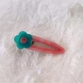 Pink marble acetate hair clip featuring a small teal floral accent for sweet girls - Blue Flower (Pink Marble Clip)
