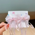 Set of two pink tulle bow hair clips with cute animal charms and long satin ribbons - Pink