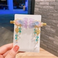 Pair of purple and blue hanfu hair clips with tassels and translucent floral petals - Gold Three Fish Tail (6#)