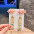 Pink and gold Chinese hanfu hair clip with peach blossom, fan decor and long tassels - Pink Double Flower Pendant (14#)