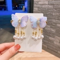 Paire de barrettes papillon en dentelle avec pompons brillants et perles blanches - Petit Pendentif Papillon (27#)