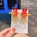 Barrettes chinoises papillon faites main avec pétales de maille rouge et longs glands - Grand Lapin Rouge (31#)