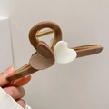 Elegant large milk tea heart claw clip in coffee and cream with stitch texture details - Brown