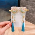 Barrettes à cheveux artisanales de style chinois avec fleurs vertes et glands bleus - Fleur Éventail en Fer Bleue (35#)