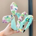 Mint green floral rabbit ears and ruffled fabric headband set for little girls - 3# Green Field Floral