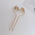 Elegante horquilla dorada en U con flores de esmalte rosa y perlas para peinados - Estilo Corazón Con Palillo Pelo Perla