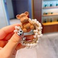 Cute pearl hair tie with a brown resin bear pendant and elegant gold elastic band - Cartoon Bear Shape