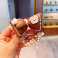 Cute brown canvas bow hair tie with teddy bear patch and white faux pearl elastic band - Bow with Bear Patch