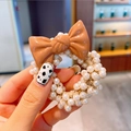 Brown shiny bow hair tie with white imitation pearls for kids and girls hair styling - Caramel Large Bow Style
