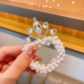 Girl's elastic hair tie with silver crown, white pearls and sparkling rhinestone crystal - Pearl Crown Style