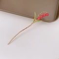 Elegant gold lily of the valley hair pin with red flower buds and green enamel leaves - Red Lily