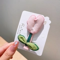Handgefertigte Stoff-Haarklammer in Tulpenform mit rosa Blüten und grünem Blattdetail - Rosa