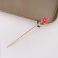 Chinese style hair pin with red flower and green leaves on gold plated metal rod - Red Pear Blossom