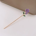 Elegant purple flower hair pin with golden stem and green leaves in vintage style - Purple Pear Blossom
