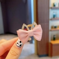 Pinza per capelli con fiocco in tessuto rosa e orecchie di coniglio dorate in strass - Orecchie di Gatto Rosa (5#)