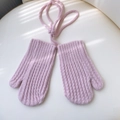 Winter light pink ribbed knit mittens for kids with long neck strap and thermal lining - Pink