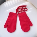 Winter warm knitted solid red mittens with neck string and textured corn pattern - Red