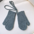 Blue-grey ribbed knit mittens for children with neck string for winter warmth - Gray