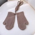 Winter warm knitted mittens with string in coffee brown color and vertical stripes - Coffee
