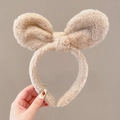 Cute beige plush rabbit ear headband with a thick soft faux fur texture for women - Khaki