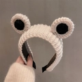 Handmade knitted cream frog headband with big eyes and non-slip teeth for women - Off White