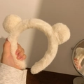 Cute plush bear ear headband for face washing in cream white soft faux fur - Cream