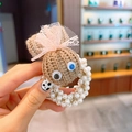 Cute brown knitted monster hair tie with white faux pearls and a pink lace bow - 1# Lace Rabbit